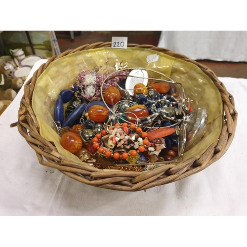 220 - Basket of Costume Jewellery to Include Necklaces, Beads, Rings along with Glasses etc.