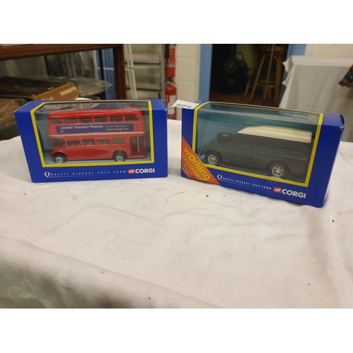 224 - Two Boxed Corgi Vehicles - London Route Master Bus No 32301 & Green Land Rover No 57904.