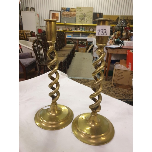 233 - Pair of Brass Open Barley Twist Candlesticks - 12