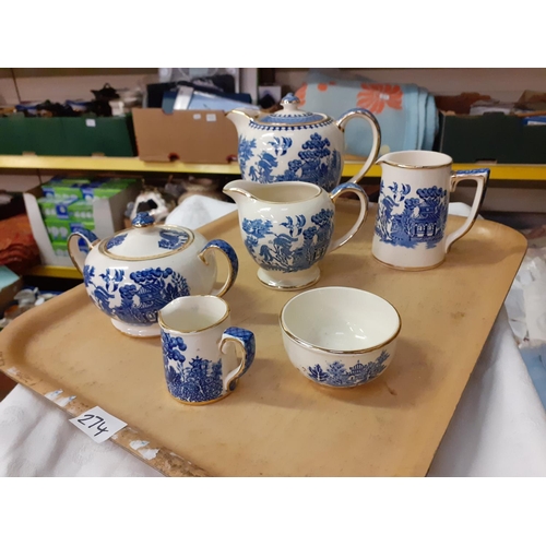 274 - Six Piece Blue & White Sadler Willow Pattern Tea Service.