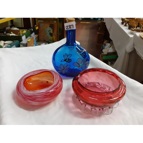 287 - Cranberry Glass Dish (A/F), Mottled Glass Dish & a Blue Hand Decorated Bottle.