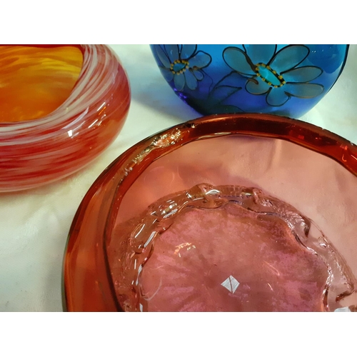 287 - Cranberry Glass Dish (A/F), Mottled Glass Dish & a Blue Hand Decorated Bottle.