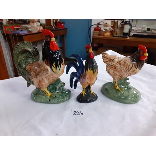 326 - Three Glazed Cockerels. - Two are Babbacombe Pottery.