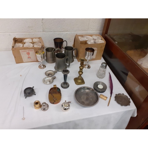 44 - Box of Plated Ware, Pewter & Brassware Including Two Boxed Set of Plated Goblets.