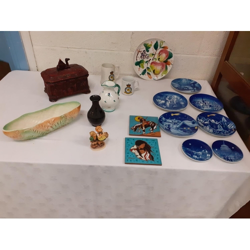 49 - Box to Include Lidded Camel Dish, Sylvac Flower Spray Vase, Native American Tiles, Goebel Figure etc... 