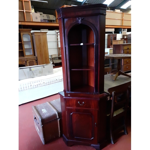 627 - Mahogany Corner Cabinet with Open Shelves over Single Cupboard & Prince of Wales Feathers Detail to ... 