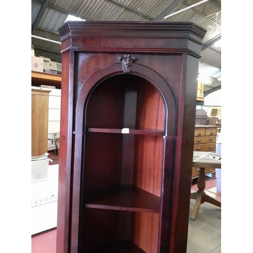 627 - Mahogany Corner Cabinet with Open Shelves over Single Cupboard & Prince of Wales Feathers Detail to ... 