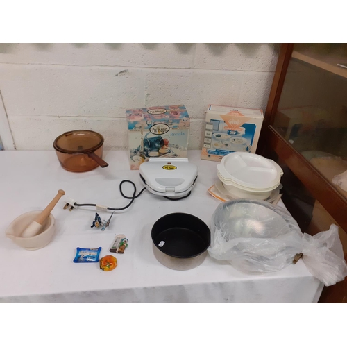 71 - Box of Kitchen Ware to Include Pie Maker, Microwave Set, Cake Tins, Pestle and Mortar etc.