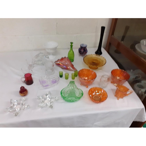 37 - Box of Colourful Glass, Carnival Glass, Bowls, Decanter, Vases etc.