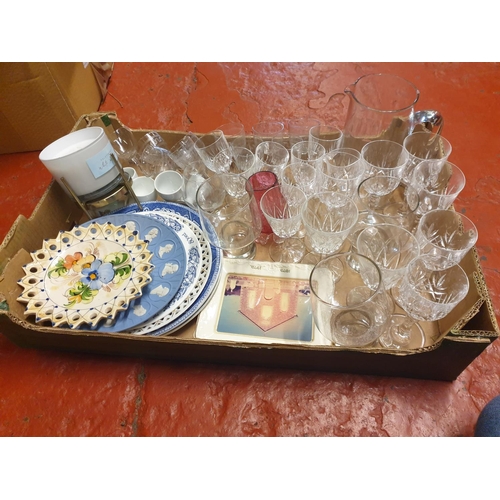 113 - Box of Glassware & China to Include Glasses, Jug, Blue & White Plates etc.