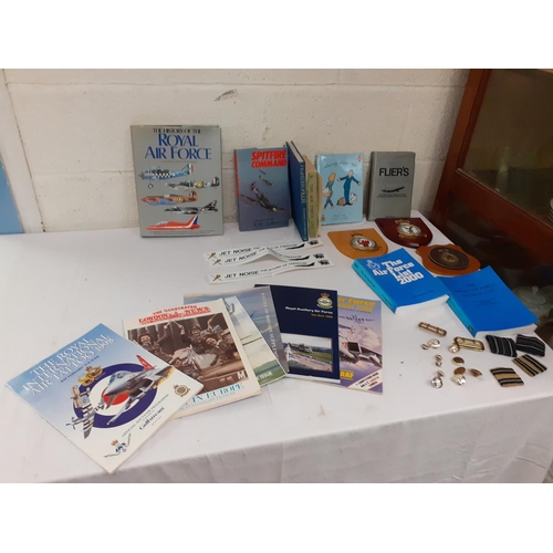 123 - Box of RAF Ephemera - Plaques, Stripes, Buttons, Buckle & Books.