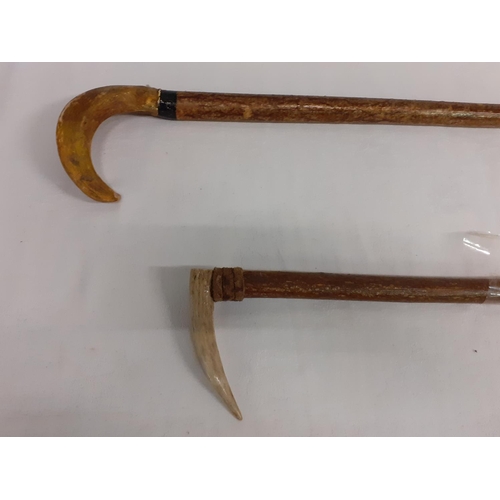 145 - Two Horn Handled Wooden Walking Canes.