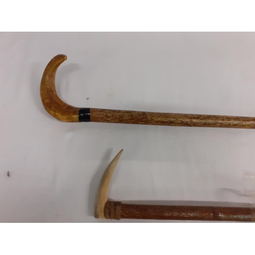 145 - Two Horn Handled Wooden Walking Canes.