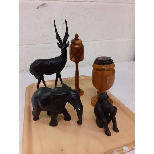 166 - Three Ebonised Animal Figures, Turned Wooden Urn & Potpourri Holder.