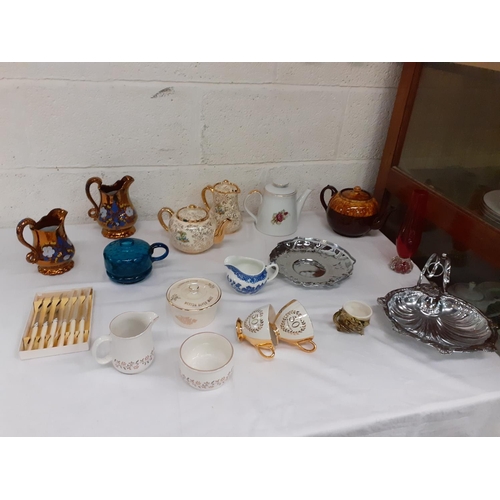 17 - Box of China Including Plated Dishes, Lustre Jugs, Sudlows Part Tea Service etc.