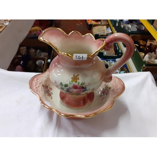 301 - Staffordshire Ironstone Vintage Pink Floral Jug and Bowl Set - some crazing.