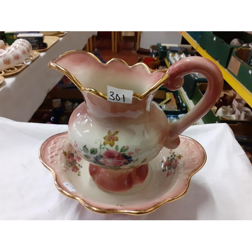 301 - Staffordshire Ironstone Vintage Pink Floral Jug and Bowl Set - some crazing.