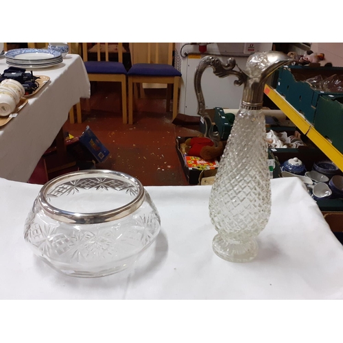 304 - Cut Glass Fruit Bowl with Plated Rim along with Plated Top Georgian Claret Jug.