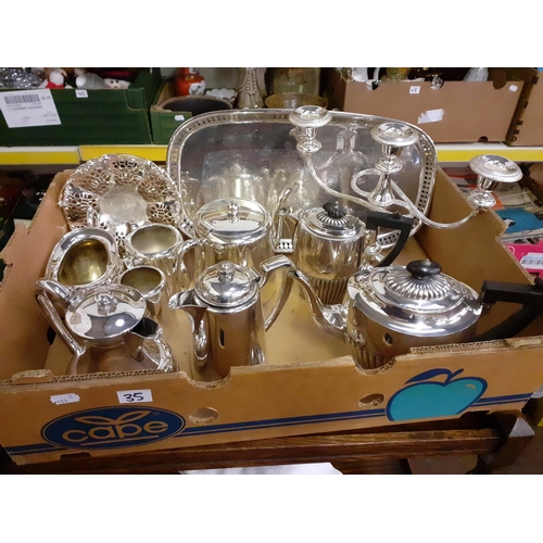 35 - Box of Shining Plated Ware Including Part Tea Service etc.