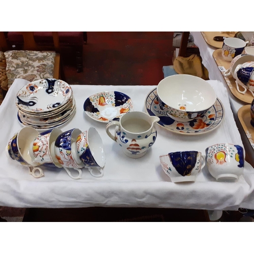 383 - Gaudy Welsh Assorted Tulip Tea Cups, Saucers & Bowl, Oyster Dish & Jug.