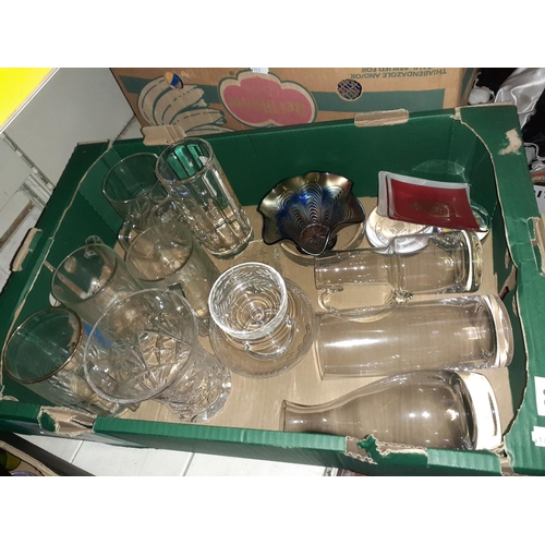 39 - Box of Glassware Including Tankard, Lidded Dish, Carnival Glass, Vases etc.