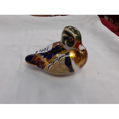 401 - Royal Crown Derby Carolina Duck Paperweight with Silver Stopper.