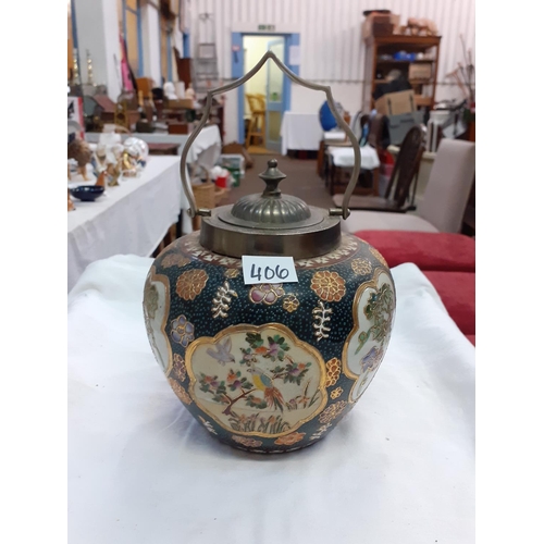 406 - Hand Decorated Oriental Ginger Jar with Plated Top.