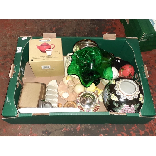 63 - Box of China & Glassware Including Denby, James Kent, Le Crueset Tea Diffuser in Box etc along with ... 