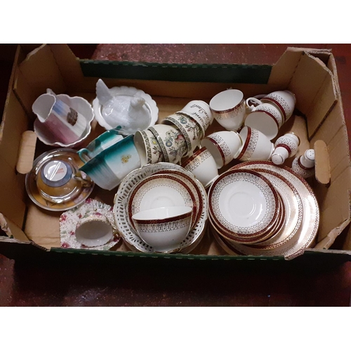 67 - Box of China to Include Royal Grafton, Ribbon Plates, Milk Glass Hen on Nest etc.