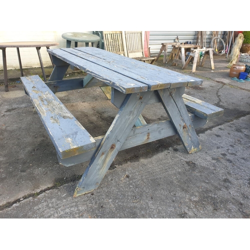 680 - Large Solid oak Garden Table with Bench Seats - 180cm long.