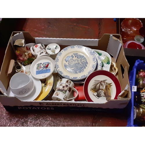 69 - Box of China to Include Blue & White Plates, Toby Jugs, Doulton, Avonware etc.