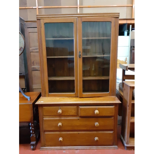 654 - Solid Oak Display Cabinet with Glass Door Top with Two Over Two Drawers.