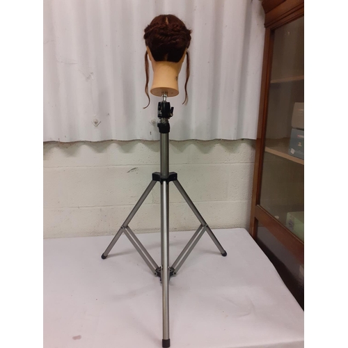 154A - Hairdressers Head Dummy with Real Hair on Tripod Stand.