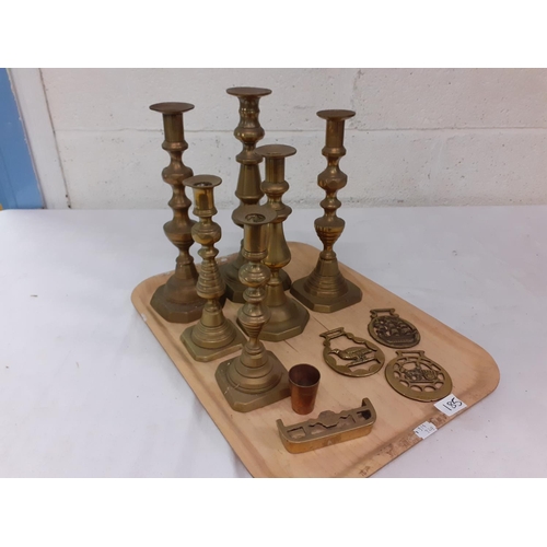 185 - Tray of Assorted Brass Candlesticks, Horse Brasses etc.