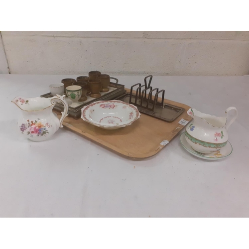 187 - Tray to Include Royal Doulton, Royal Crown Derby, Egg Cups, Plated Toast Rack etc.