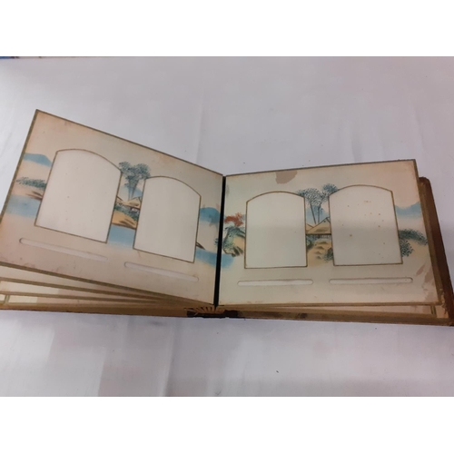 196 - Vintage Oriental Photo Album with Hand Painted Pages & Overlaid Bird Scene Front.