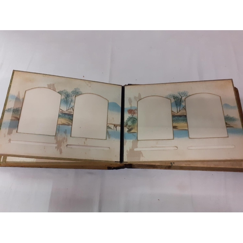 196 - Vintage Oriental Photo Album with Hand Painted Pages & Overlaid Bird Scene Front.