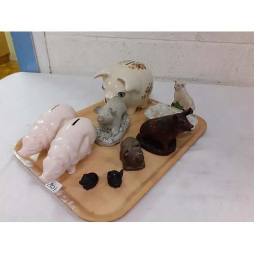 201 - Tray of Pigs Including Cast Soap Dish and Saddler Piggy Bank.