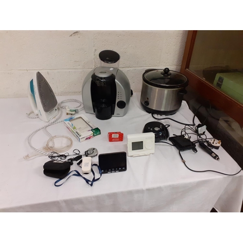 3 - Box of Electrical Equipment Including Braun Coffee Machine, Slow Cooker, Power Bank, Clock & Iron et... 