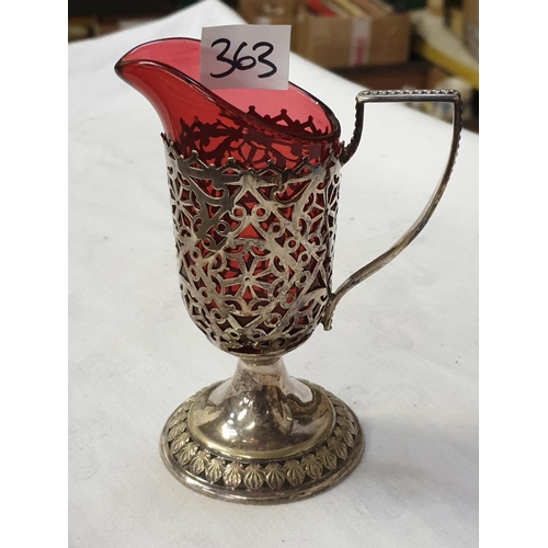 363 - Cranberry Glass Jug with Plated Holder.