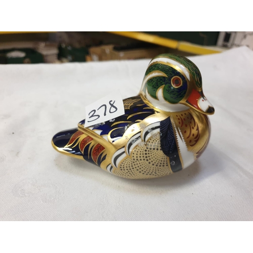 378 - Royal Crown Derby Carolina Duck Paperweight with Silver Stopper.