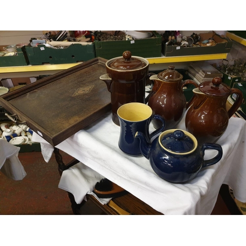 394 - Inlaid Wooden Butlers Tray with Selection of Denby Lidded Jugs.