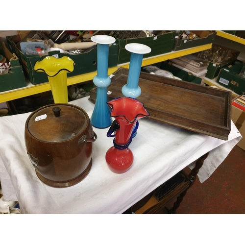 396 - Butlers Tray with Two Glass Vases, Two Glass Candle Holders & Turned Wood Ice Bucket.