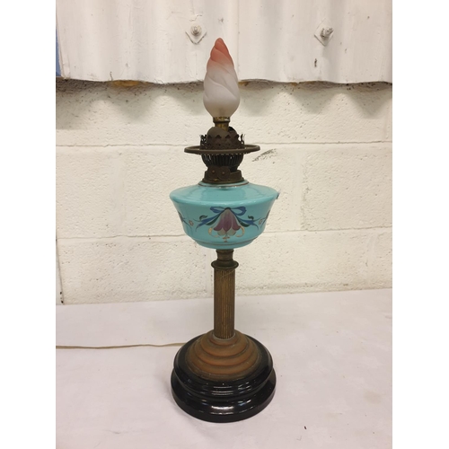 433 - Converted Vintage Double Burner Oil Lamp Into Electric Lamp With Hand Decorated Bowl.