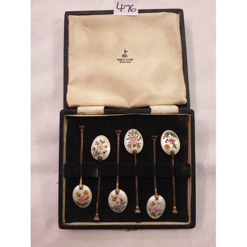 476 - Boxed Set of Six Silver Hallmarked Walker & Hall Coffee Spoons with Floral Enamelled Backs.