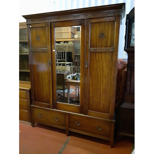 655 - Vintage Solid Mahogany Triple Wardrobe with Mirrored Centre Door Over Two Drawers.