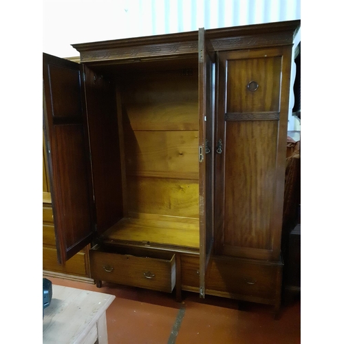 655 - Vintage Solid Mahogany Triple Wardrobe with Mirrored Centre Door Over Two Drawers.