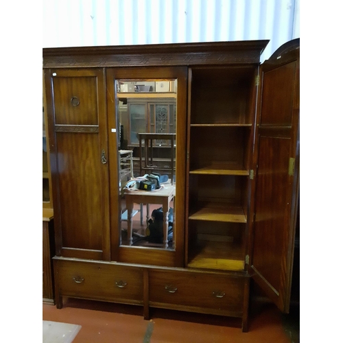 655 - Vintage Solid Mahogany Triple Wardrobe with Mirrored Centre Door Over Two Drawers.