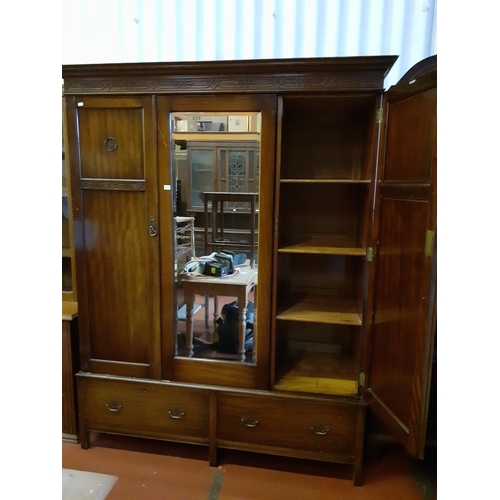 655 - Vintage Solid Mahogany Triple Wardrobe with Mirrored Centre Door Over Two Drawers.