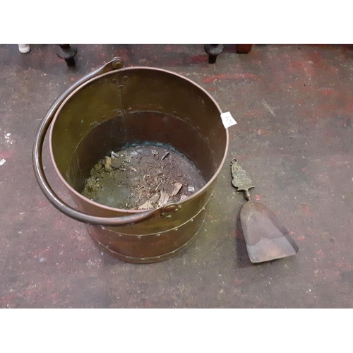 101 - Circular Brass & Copper Coal Bucket with Shovel - approx 11